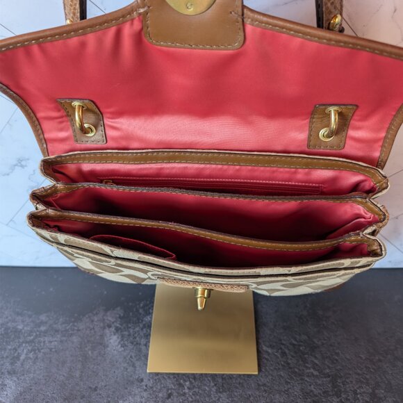 Coach Signature Jacquard Flap Shoulder Bag Tan Brown...